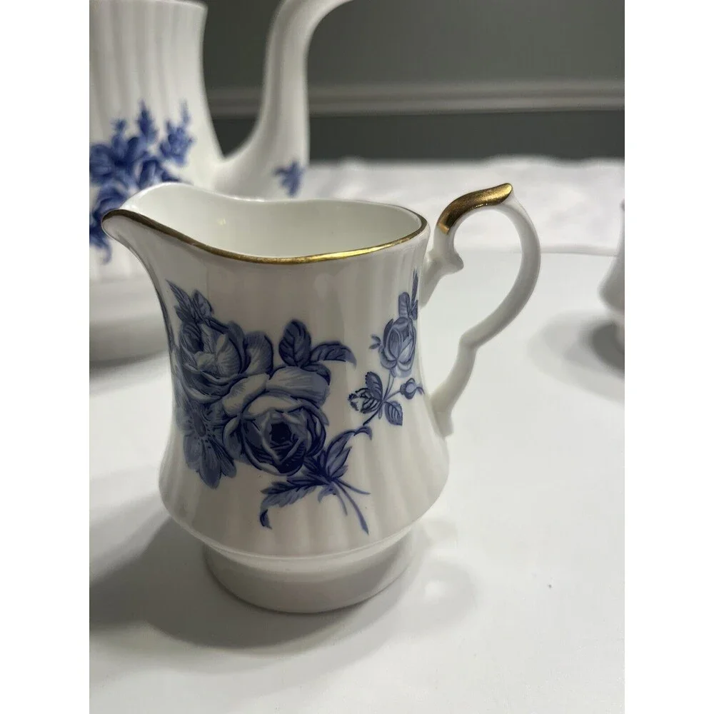 Vtg Royal Windsor Blue Roses Coffee Tea Pot Sugar & Creamer Set England